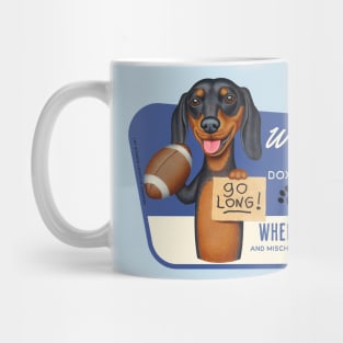 Fun Doxie Dog throwing a football and going long Mug